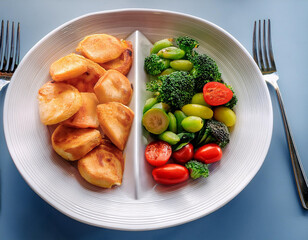 A diet choice represented by a plate divided between healthy and junk food, reflecting lifestyle decisions.