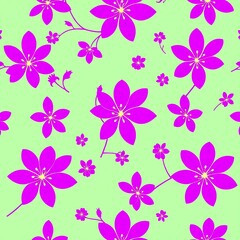 Floral Green Delight: A seamless pattern featuring vibrant pink blossoms dancing across a soothing green backdrop, creating a cheerful and elegant design.  