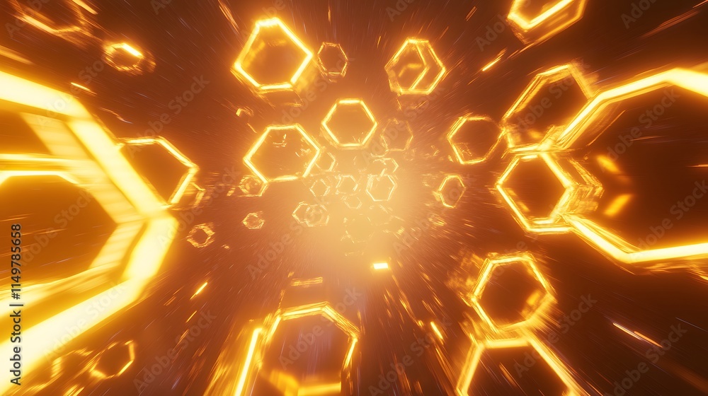 Poster Dynamic golden hexagonal patterns abstract digital space 3d render futuristic environment close-up view visual exploration