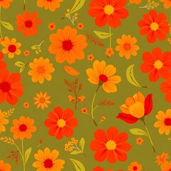 Autumnal Floral Pattern:  A vibrant and cheerful seamless pattern featuring a mix of orange and yellow flowers on a muted olive green background. Perfect for textile design, wallpaper.