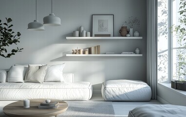Simple white floating shelves in a Scandinavian-inspired interior with soft natural decor