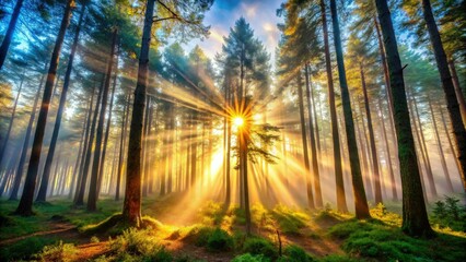 Obraz premium Enchanted woods bathed in sunlight; magical mist, deep focus, fantasy nature photography.