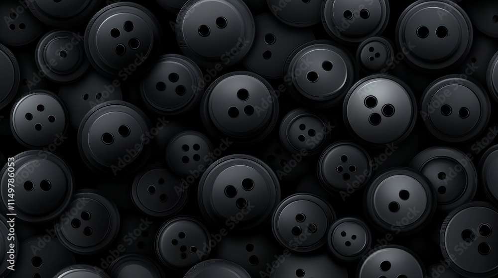 Poster black and white image of many buttons. the buttons are all black and have a similar design. the imag