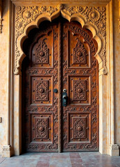 The ornate wooden door of the Indian palace.