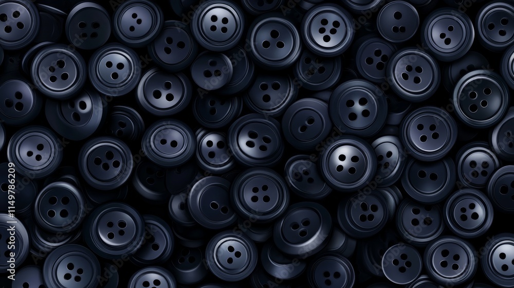 Poster close up of many black buttons. the buttons are all the same size and shape. the image has a monochr