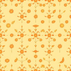 Orange Floral Pattern: A cheerful and vibrant seamless pattern featuring stylized orange flowers and leaves on a pale yellow background. Perfect for textile design, wallpaper.