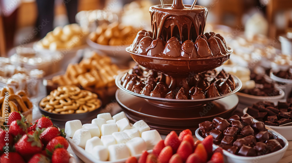 Poster a decadent chocolate fountain, surrounded by an array of dipping options like strawberries, marshmal