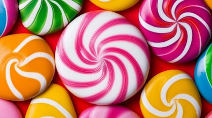 Colorful assortment of candy with a pink swirl in the middle. The candy is arranged in a circle, with some pieces overlapping each other. Scene is cheerful and playful, as the candy is bright