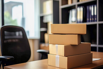 Stack of Cardboard Boxes on Office Desk Near Chair and Bookshelves in Bright Workspace