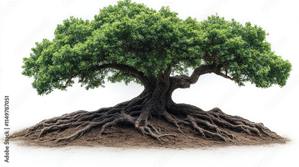 Poster lush green tree with exposed roots isolated on white background.