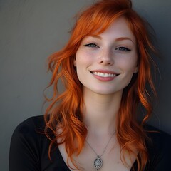 Young Caucasian woman with curly red hair smiles warmly in a bright