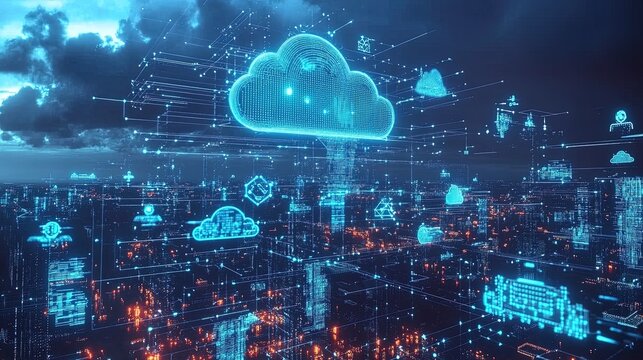 A futuristic city powered entirely by AI and cloud computing, with glowing holograms and robots everywhere, cyber-futuristic style