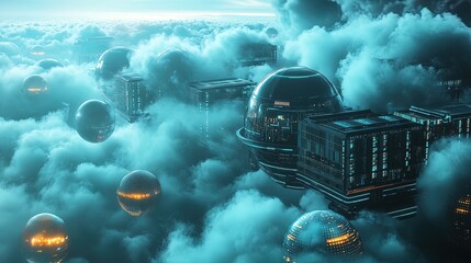 A futuristic floating data center in the clouds, surrounded by glowing orbs of data, sci-fi architectural style
