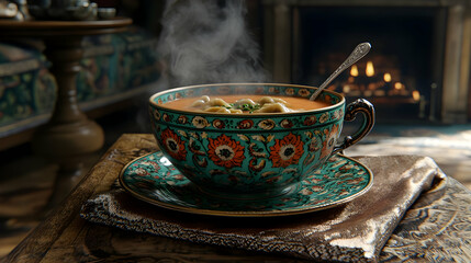 Fototapeta premium Steaming Soup in Ornate Cup - 3D Render