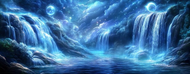 Enchanting Moonlit Waterfalls in Surreal Fantasy Landscape with Glowing Mist and Celestial Elements