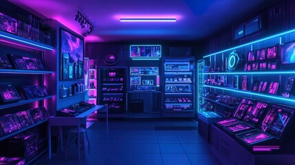 A neon-infused metaverse marketplace where avatars buy and sell digital goods, cyberpunk style