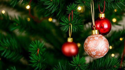 Naklejka premium Christmas ornaments on tree, background