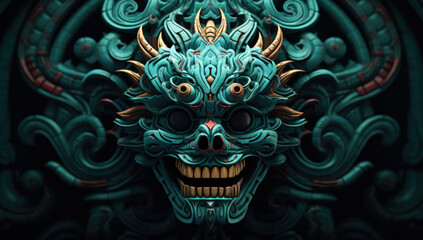 devil mask with intricate carvings, golden horns, and fierce expression, embodying artistic craftsmanship and mythical symbolism, ideal for fantasy or cultural art