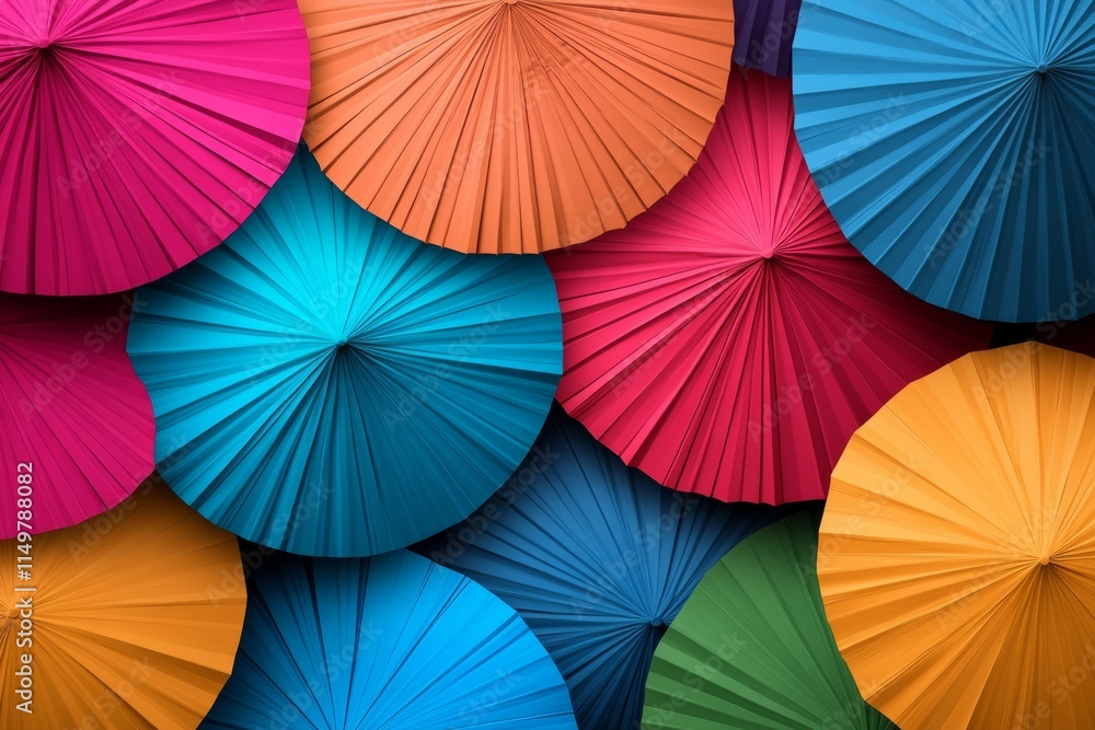Poster colorful array of umbrellas with different colors and sizes. concept of vibrancy and diversity, with