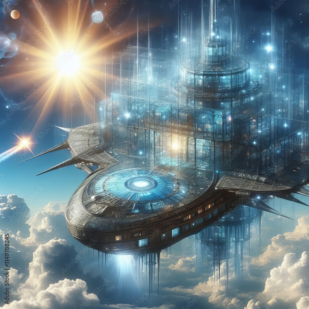 Poster a large, futuristic space station hovers majestically above the clouds, illuminated by a bright sun.