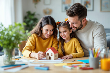 Happy family creating a paper craft dream house together, symbolizing real estate aspirations, home ownership, and family bonding in a cozy and creative environment.