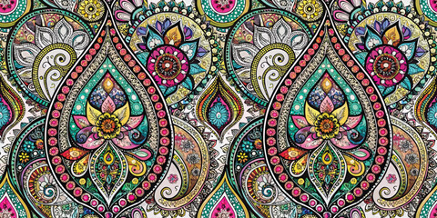 Vibrant paisley pattern featuring intricate floral designs and rich colors.