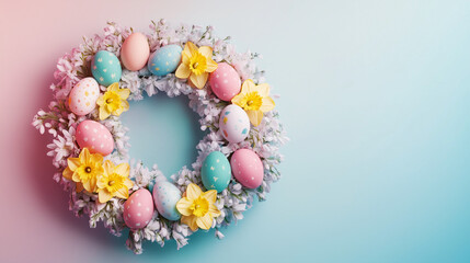 Pastel Easter egg wreath with flowers on gradient background