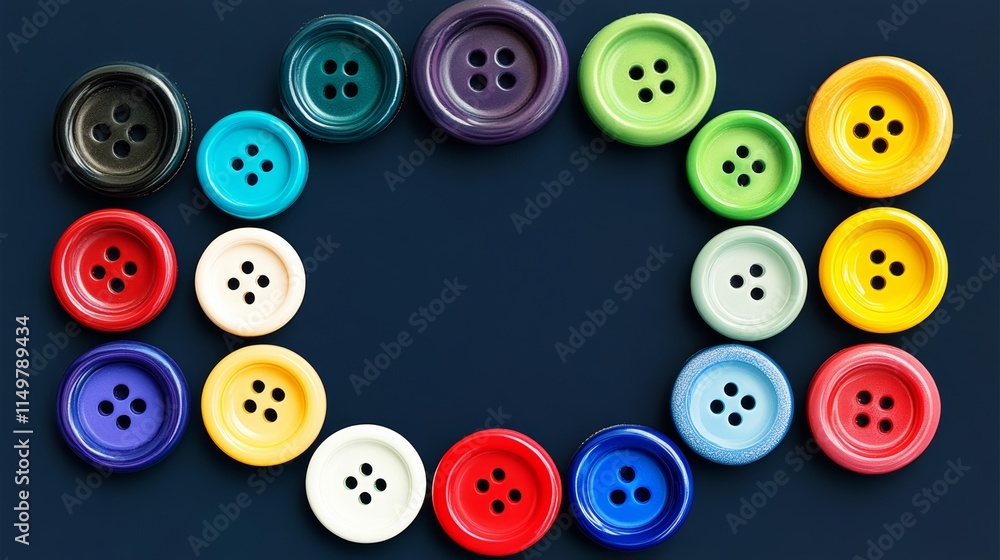 Poster row of colorful buttons are arranged in a circle. the buttons are of different colors and sizes, cre