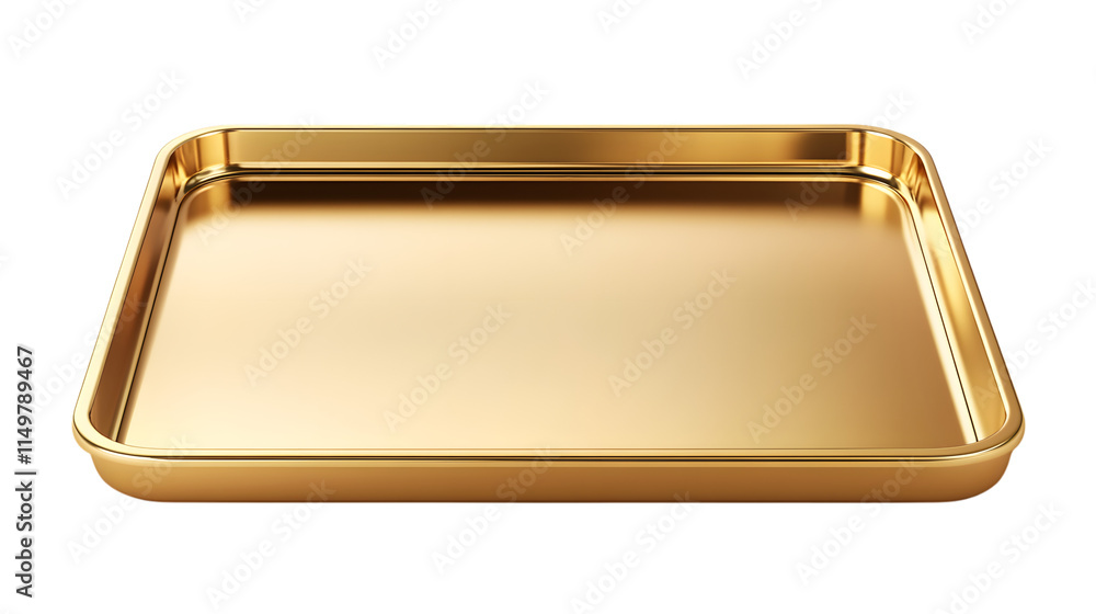 Poster glossy gold rectangular tray with a sleek surface, ideal for serving or as a decorative accent. isol