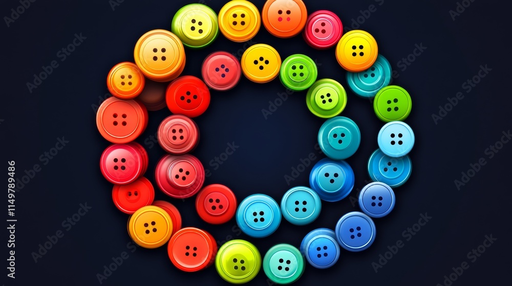 Poster colorful array of buttons in a circle. the buttons are of different colors and sizes. concept of cre