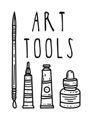 Vector illustration hand drawn art tools, brush, ink, paint, oil isolated elements for printing, design, sale banners, stickers, mood, website, games