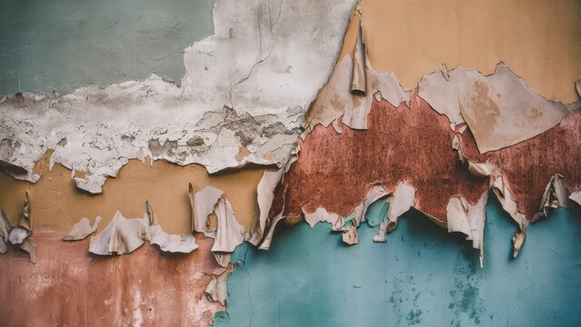 The background is made of textured wall, which shows significant aging and wear. The surface is a combination of peeling paint and plaster of various colors.