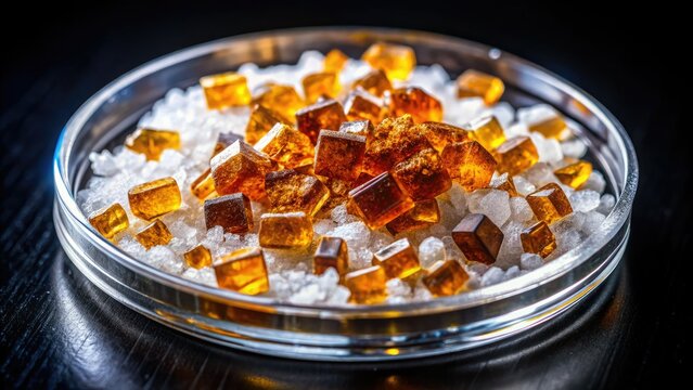 Macro photography reveals the beauty of succinic acid (C4H6O4) crystals: amber hues and white powder in a petri dish.