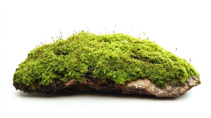 Green moss growth on a piece of bark isolated on white.