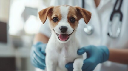 A veterinarian holds a smiling puppy in her hands.