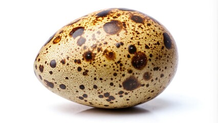 Macro shot: perfectly boiled quail egg, isolated on white, showcasing intricate detail with full depth of field.