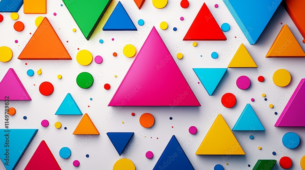 Poster colorful background with many triangles and circles. the triangles are in different colors and sizes
