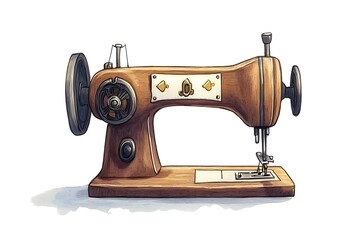 Vintage old retro Sewing Machine pencil Ink Illustration.