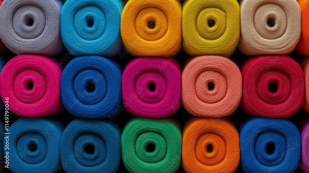 Poster row of colorful towels are stacked on top of each other. the towels are of different colors and size