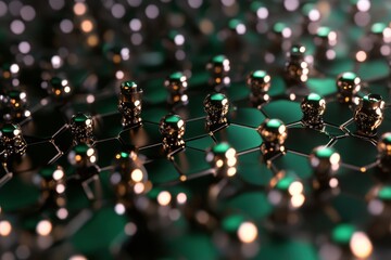 Abstract representation of a molecular structure with metallic spheres on a geometric pattern