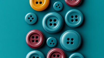 Fototapeta premium Row of colorful buttons on a blue background. The buttons are arranged in a way that they look like they are connected to each other. Concept of unity and harmony