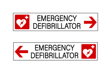 Emergency defibrillator, directional sign. Two rectangle signs with symbol, text and arrows, one pointing right and the other pointing left.