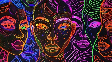 Fototapeta premium Brightly colored ethnic diversity outlines, showcasing inclusivity.