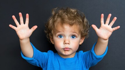 Young child with blonde hair and blue clothing is reaching up with both hands. The baby is wearing a blue shirt and he is in a playful mood