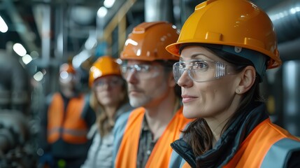 Focused Construction Workers in Orange Safety Helmets Attentively Listening to Supervisor Inside an Industrial Facility with Bright Lighting
