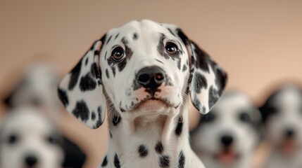 A close-up of a Dalmatian puppy with distinct black spots, surrounded by a soft-focus of other puppies in the background.