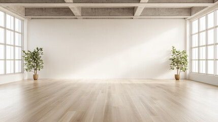 Obraz premium a spacious contemporary loft, empty except for strategically placed plants on a sleek wooden floor. The room boasts modern architecture, expansive windows, and a serene, light-filled ambiance. 