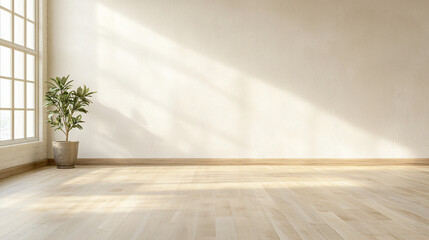 a spacious contemporary loft, empty except for strategically placed plants on a sleek wooden floor. The room boasts modern architecture, expansive windows, and a serene, light-filled ambiance. 