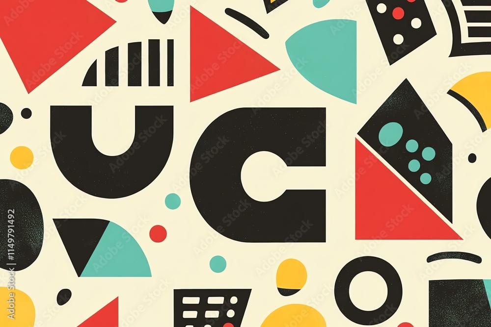 Poster abstract geometric pattern with black letters u and c on cream background.