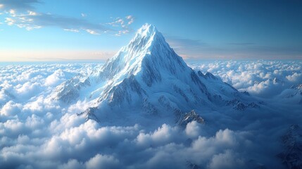 Snowy peak piercing clouds, majestic view.